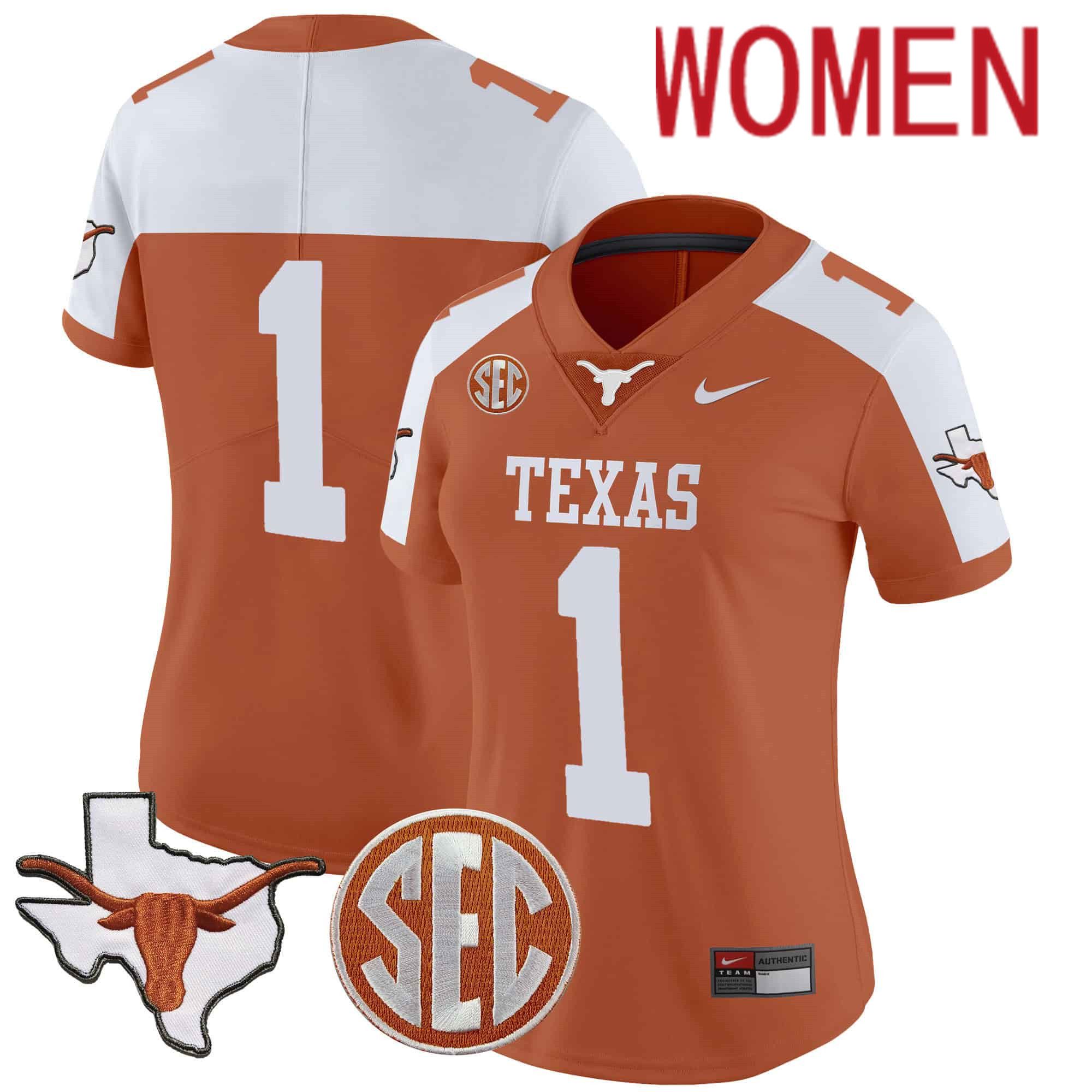 Women Texas Longhorns #1 No Name Orange 2024 Nike State Map & SEC Patch Vapor NCAA Jersey